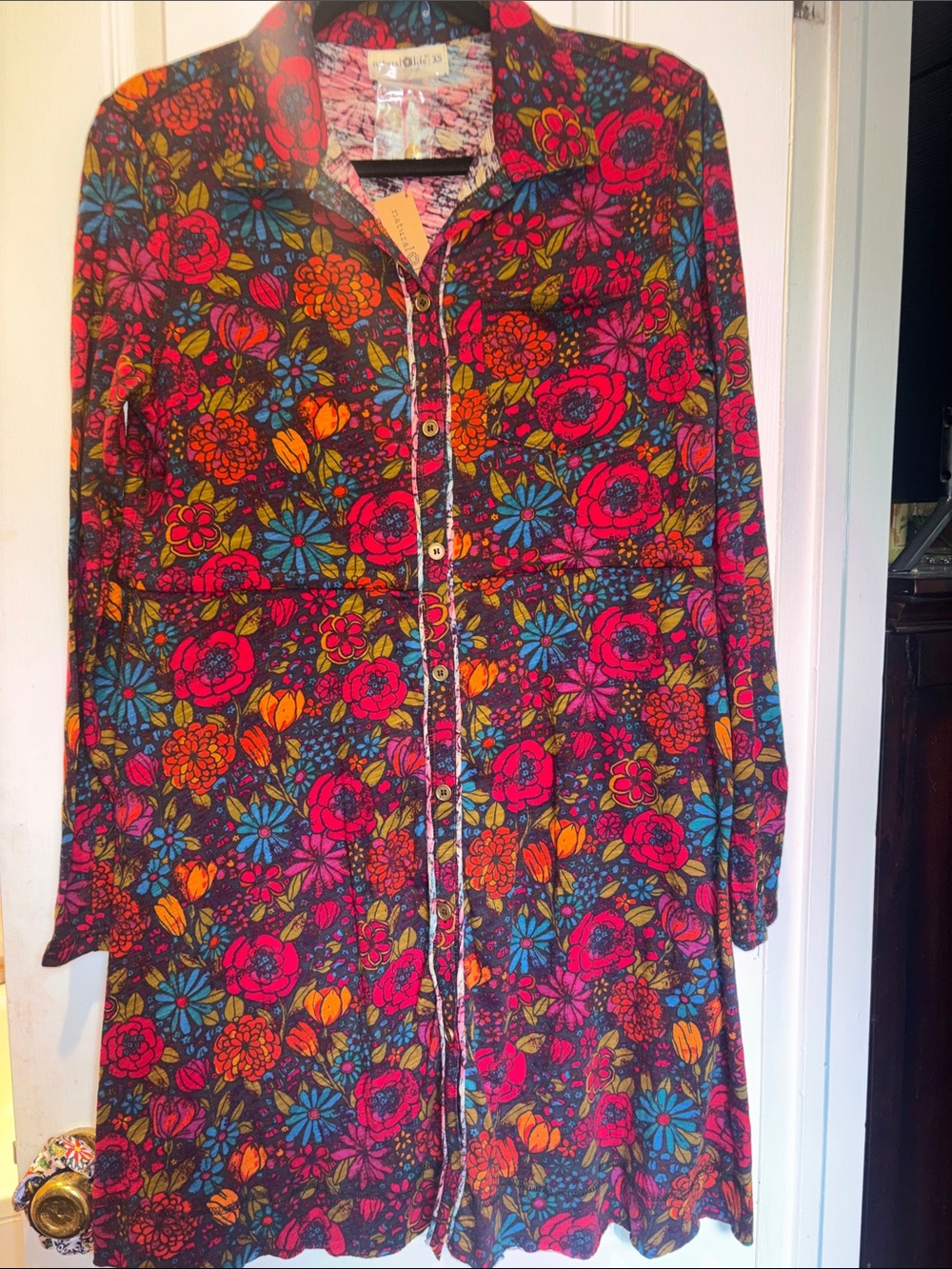 NATURAL LIFE MULTICOLORED FLORAL COTTON BUTTON DOWN DRESS DRAW STRING INSIDE NWT